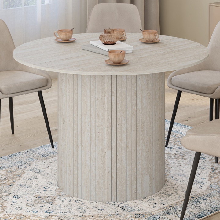 Mesa de comedor redonda para 6 personas con pie central y tablillas estilo travertino 110 cm - JULIETTE | IdMarket