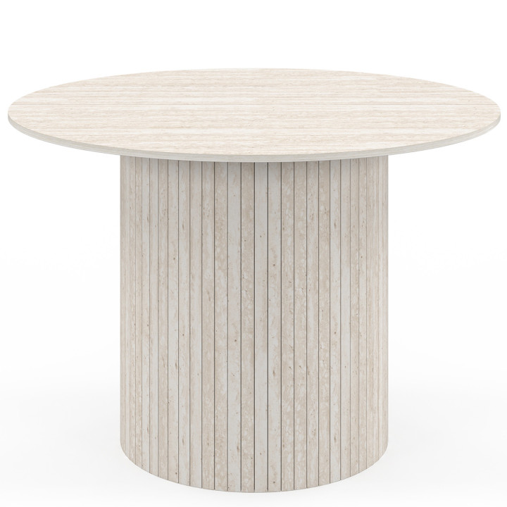 Ronde 6 persoons eettafel met centrale voet en travertin stijl lamellen 110 cm - JULIETTE | IdMarket