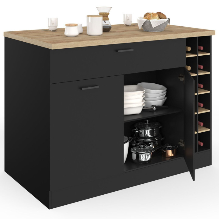 Centraal eiland GEORGE met flessenrek, kast en lade in zwart hout met werkblad in beukeneffect