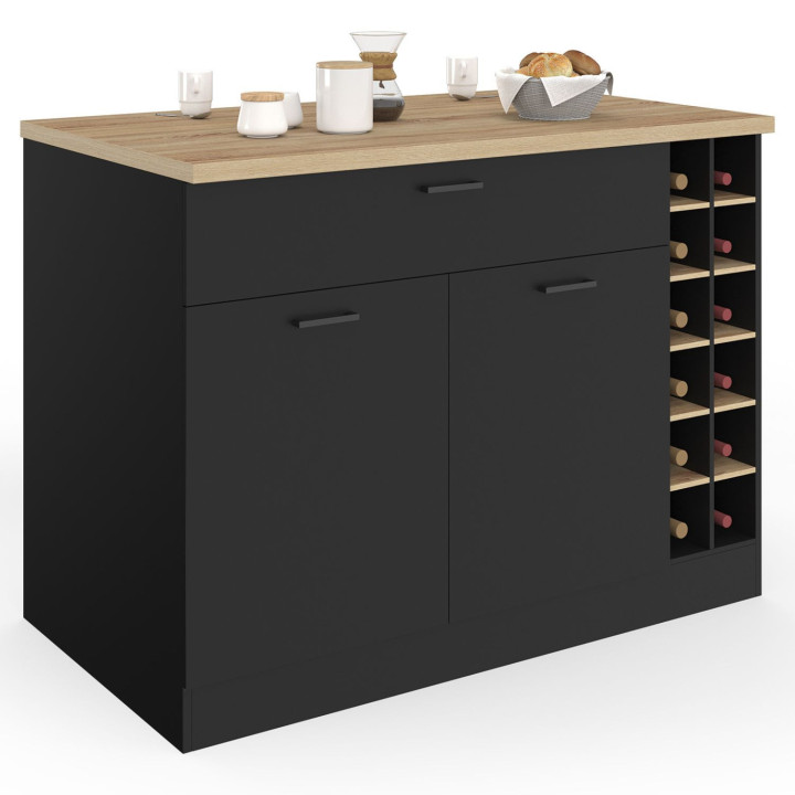 Centraal eiland GEORGE met flessenrek, kast en lade in zwart hout met werkblad in beukeneffect