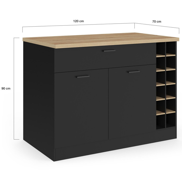 Mittelinsel GEORGE mit Flaschenablage, Schrank und Schublade aus schwarzem Holz mit Arbeitsplatte in Buchenholzoptik