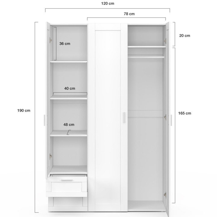 Armoire 3 portes VITO blanc penderie 120 cm avec 2 tiroirs et étagères