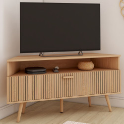 Mueble TV esquinero de 110 cm con puerta efecto lamas de roble
