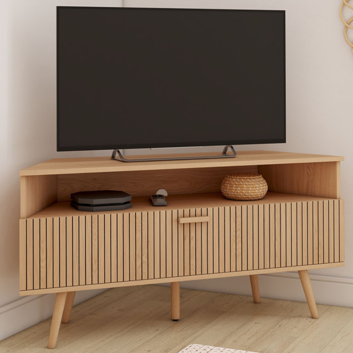 JULIETTE 110 cm hoek TV meubel met 1 eiken latdeur