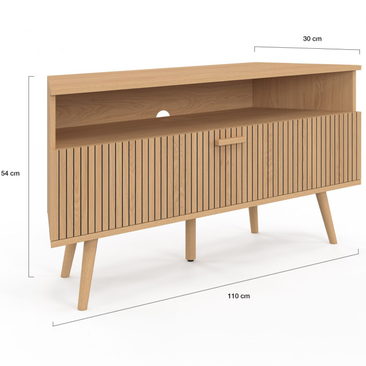 Mobile TV angolare JULIETTE 110 cm con 1 anta a doghe effetto rovere