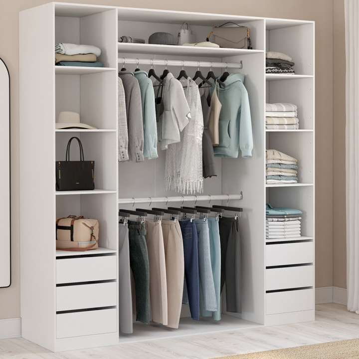 TAYLA 185 x 55 x 200 cm armadio doppio con ripiani + doppio spazio per appendere + cassetti bianchi