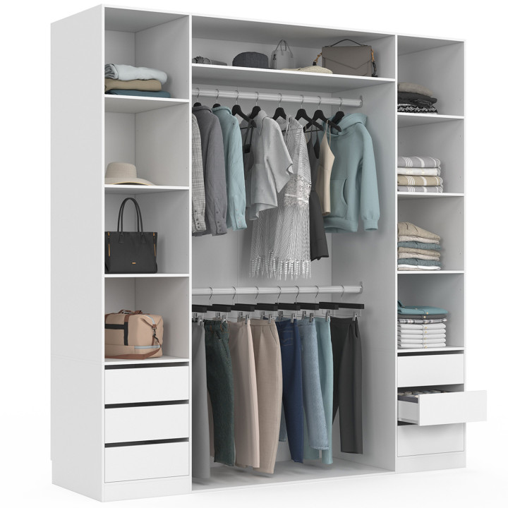 Dressing double TAYLA 185 x 55 x 200 cm avec étagères + double penderie + tiroirs blanc