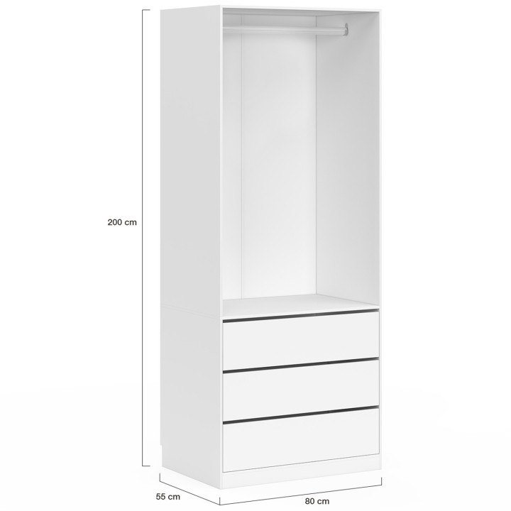 Vestidor TAYLOR 80 x 55 x 200 cm 1 mueble con armario + 3 cajones blancos