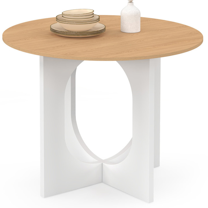 Mesa de comedor redonda fija para 4 personas, blanca y pata de arco de madera 80 cm - ALOISE | IdMarket