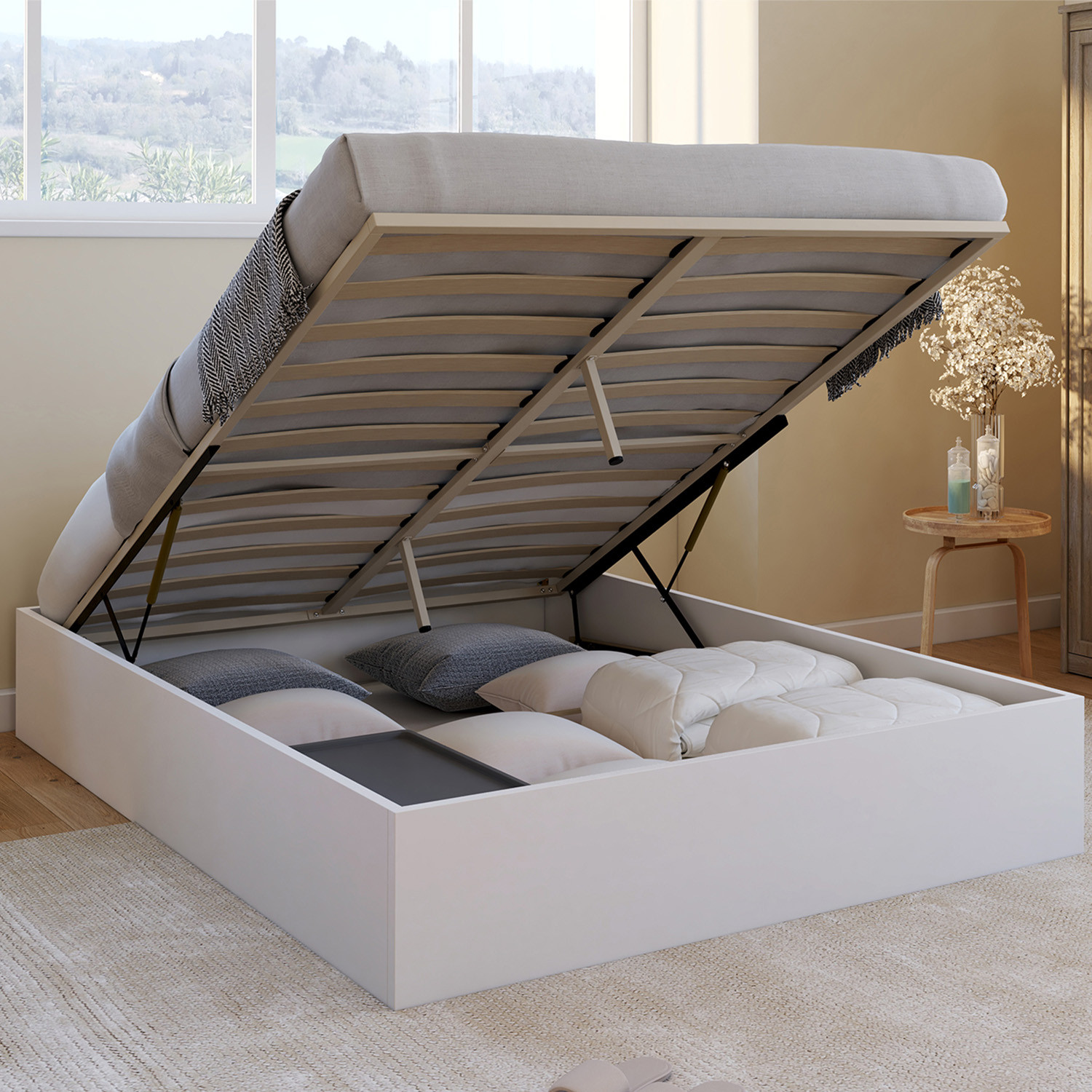 Lit double coffre 140x190 cm avec sommier blanc