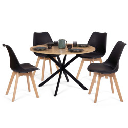 Conjunto de mesa de comedor redonda de 110 cm de madera y negra y 4 sillas SARA negras - ALIX | IdMarket