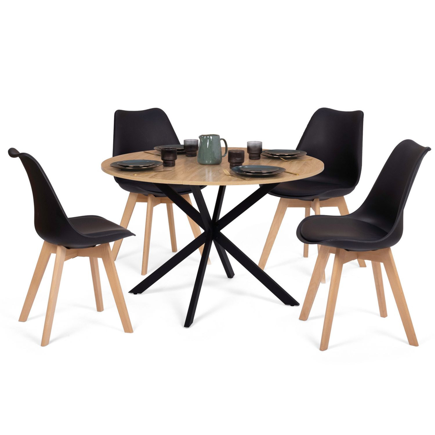 Ensemble table à manger ronde 110 cm bois et noir et 4 chaises noires