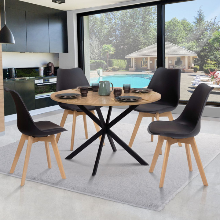 ALIX 110 cm ronde houten en zwarte eettafel en 4 zwarte stoelen SARA set