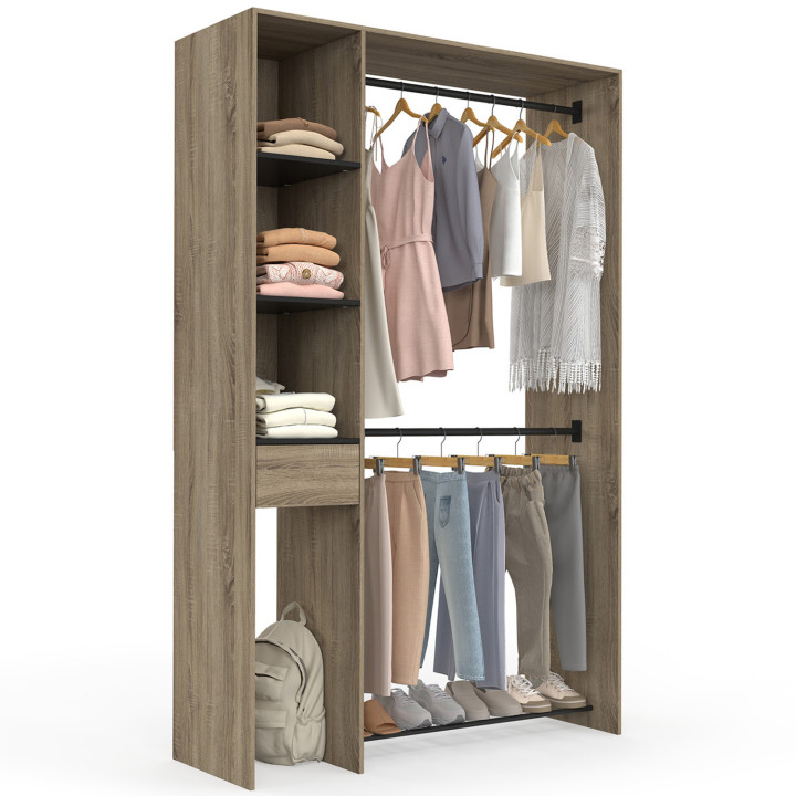Doppelgarderobe B. 110 cm MIRTY mit Regalen + Schublade + Schuhablage Buche und schwarz