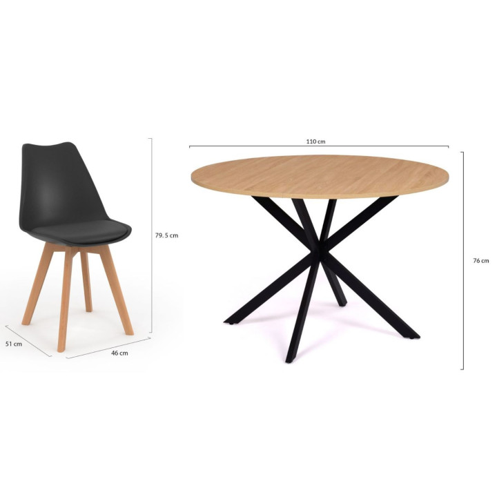 Tavolo da pranzo rotondo ALIX 110 cm in legno e nero e set di 4 sedie SARA nere