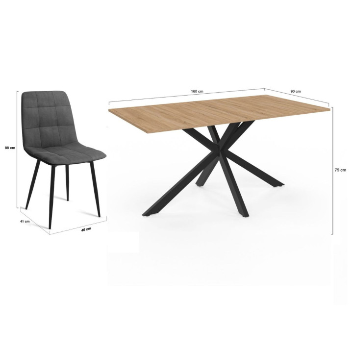 Ensemble table à manger rectangle ALIX 160 cm bois et noir et 6 chaises MILA en velours gris foncé
