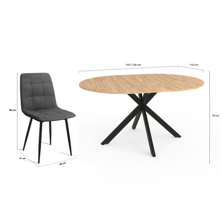 Ensemble table à manger ronde extensible ALIX 110 - 150 cm et 4 chaises MILA en velours gris foncé