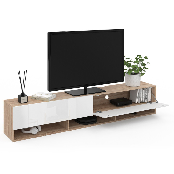 Mueble TV suspendido blanco y madera con estantes de 180 cm - ELIO | ID Market