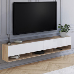 Mueble TV suspendido blanco y madera con estantes de 180 cm - ELIO | ID Market