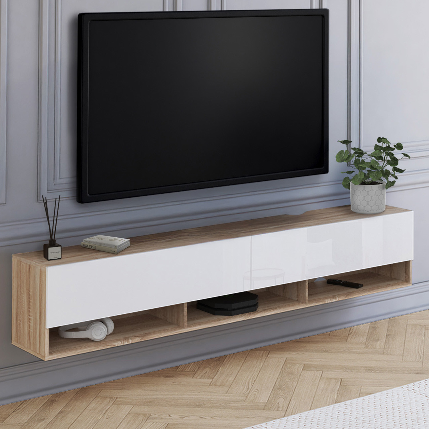 Meuble TV suspendu bois et blanc 180 cm avec étagères