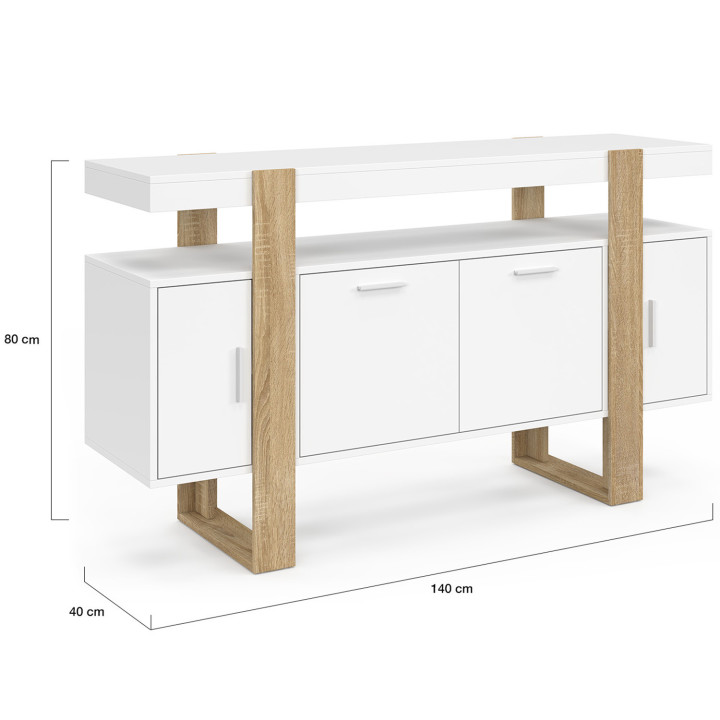 Sideboard 140 cm mit 4 Türen Weiß und Holz - PHOENIX | ID Market