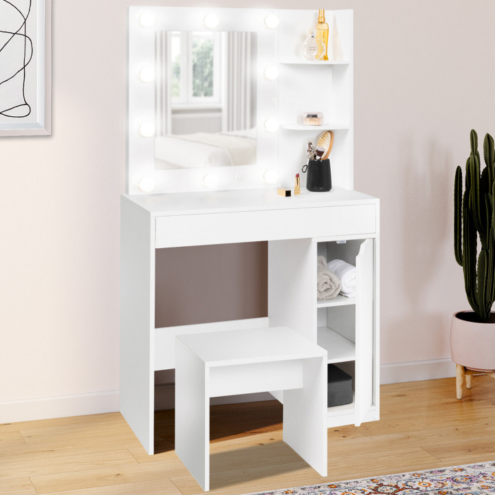 Witte kaptafel met LED-spiegel, 1 lade en krukje - ZELIA | ID Market