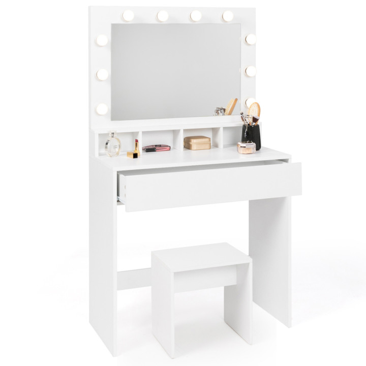 Coiffeuse ZELIA miroir LED avec 4 niches, 1 tiroir et tabouret