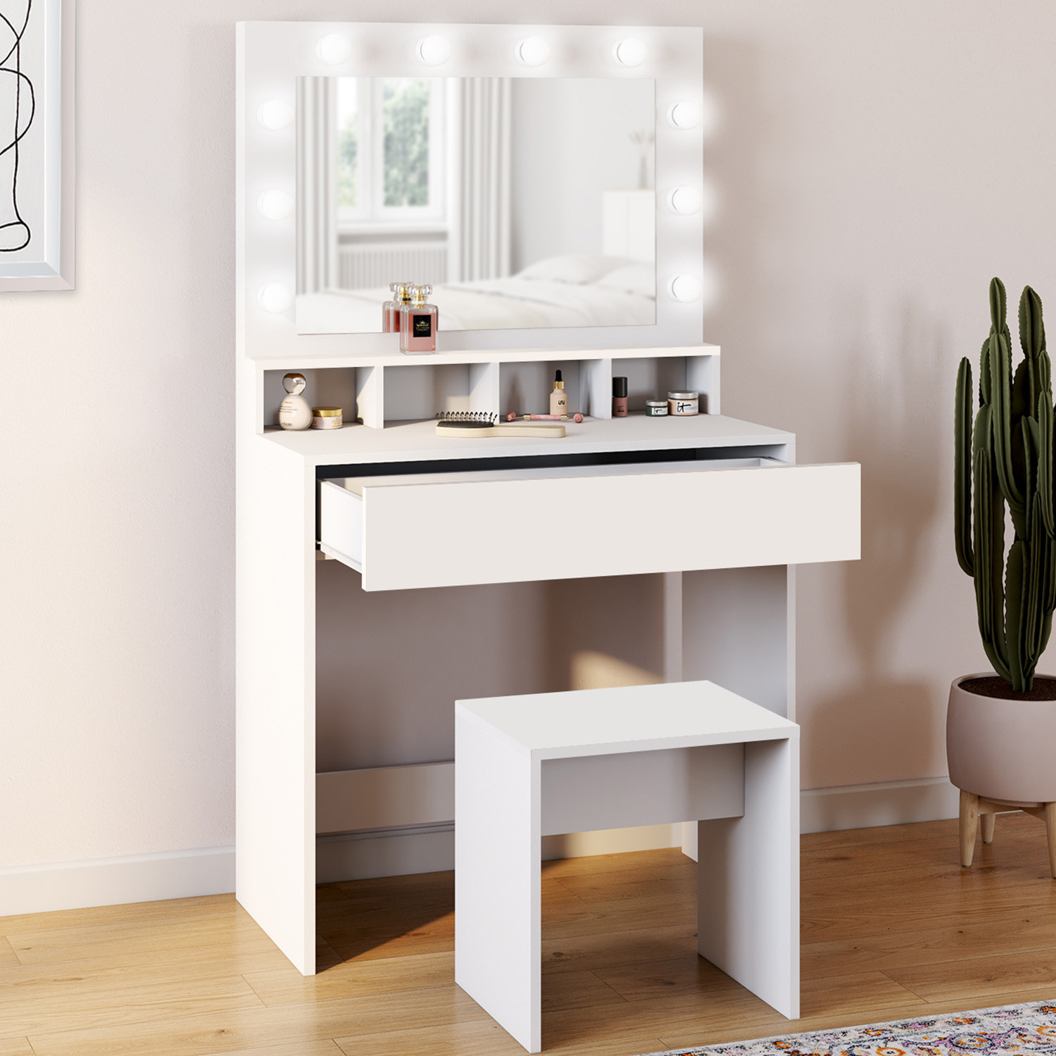 Coiffeuse avec miroir LED et tabouret, 4 niches, 1 tiroir