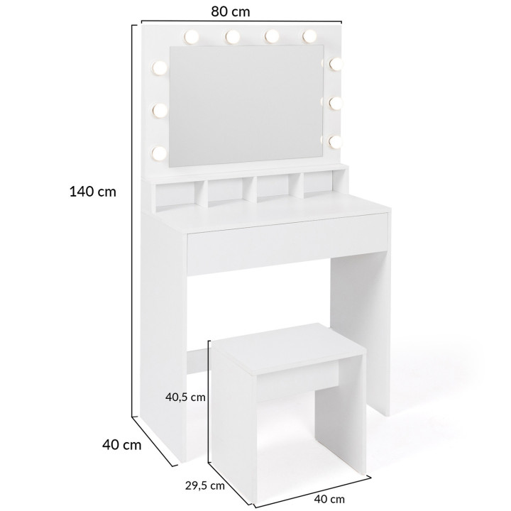 Coiffeuse ZELIA miroir LED avec 4 niches, 1 tiroir et tabouret
