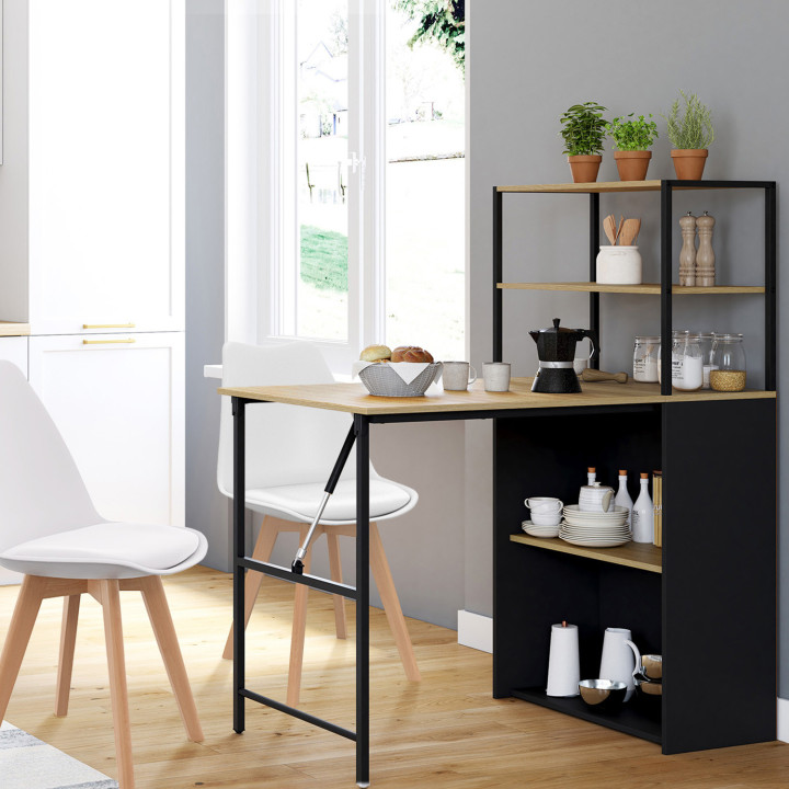 Bureau bibliothèque pliable RAY plateau rabattable bois façon hêtre et noir