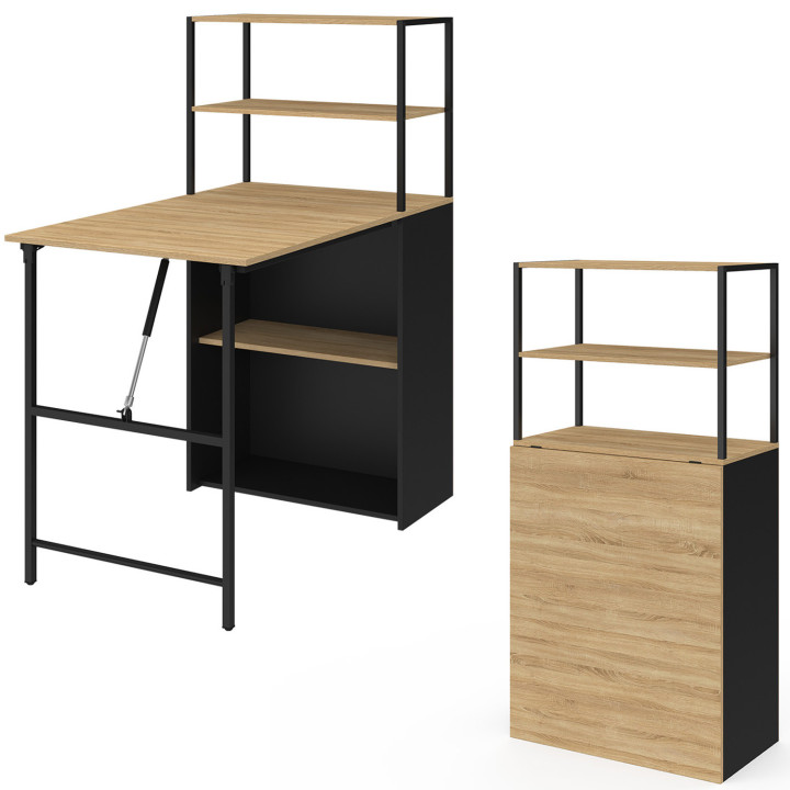 Bureau bibliothèque pliable RAY plateau rabattable bois façon hêtre et noir