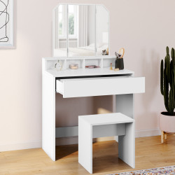 Coiffeuse ZELIA 3 miroirs avec 4 niches, 1 tiroir et tabouret