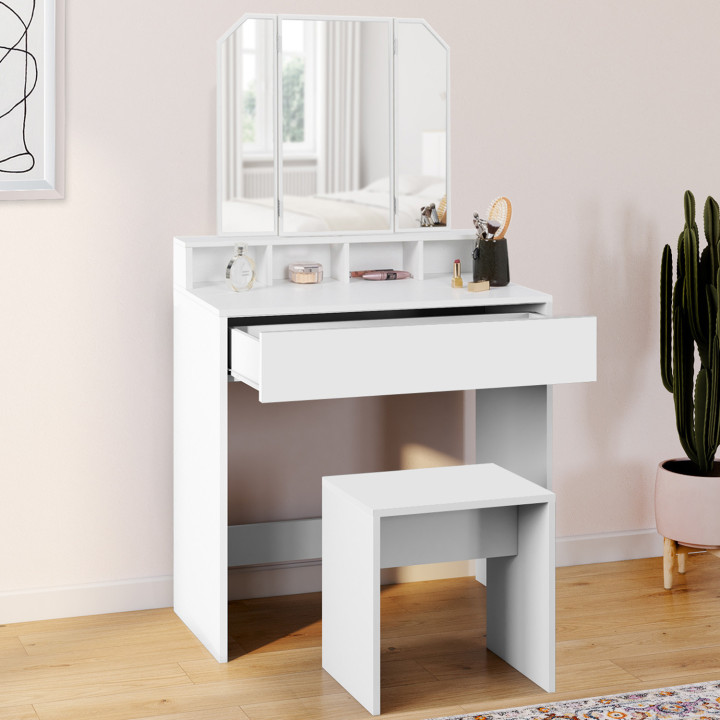 Coiffeuse ZELIA 3 miroirs avec 4 niches, 1 tiroir et tabouret