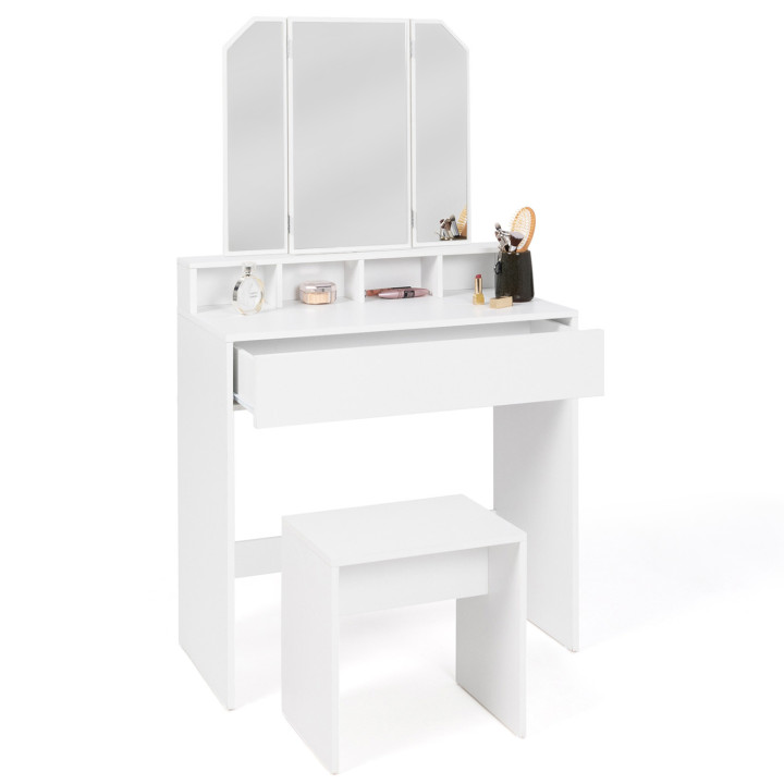 Coiffeuse ZELIA 3 miroirs avec 4 niches, 1 tiroir et tabouret