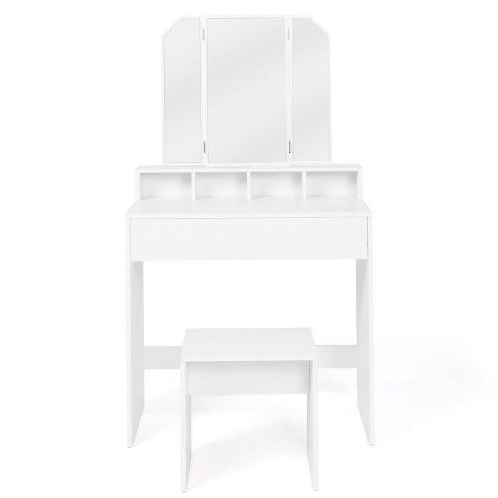 Coiffeuse ZELIA 3 miroirs avec 4 niches, 1 tiroir et tabouret