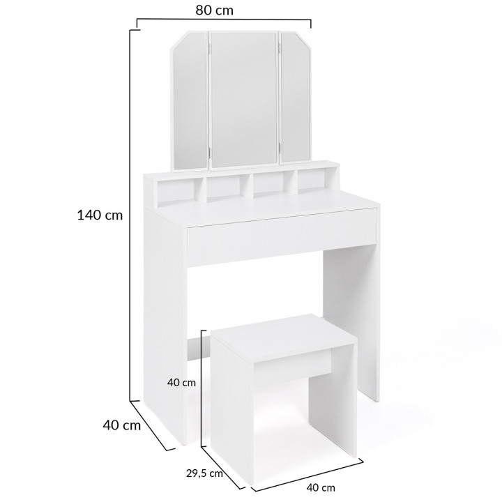 Coiffeuse ZELIA 3 miroirs avec 4 niches, 1 tiroir et tabouret
