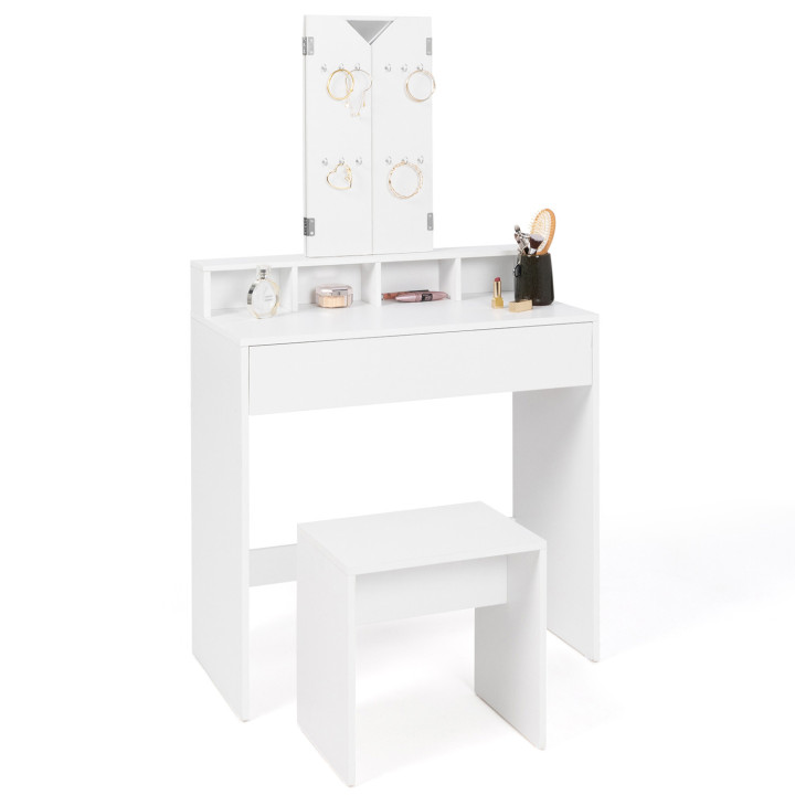 Tavolino bianco a 3 specchi con sgabello - ZELIA | ID Market