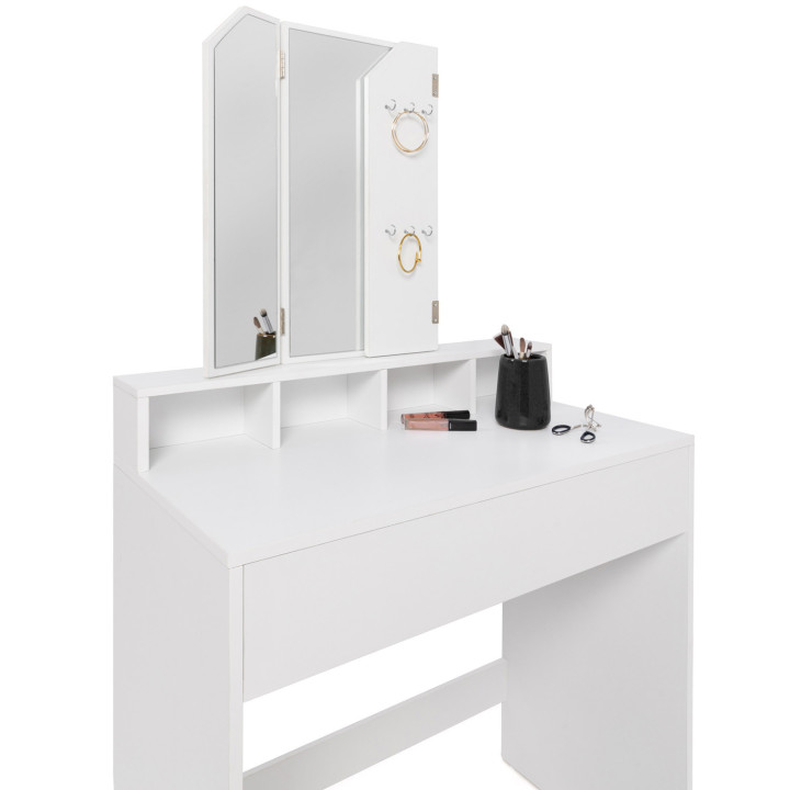 Coiffeuse ZELIA 3 miroirs avec 4 niches, 1 tiroir et tabouret