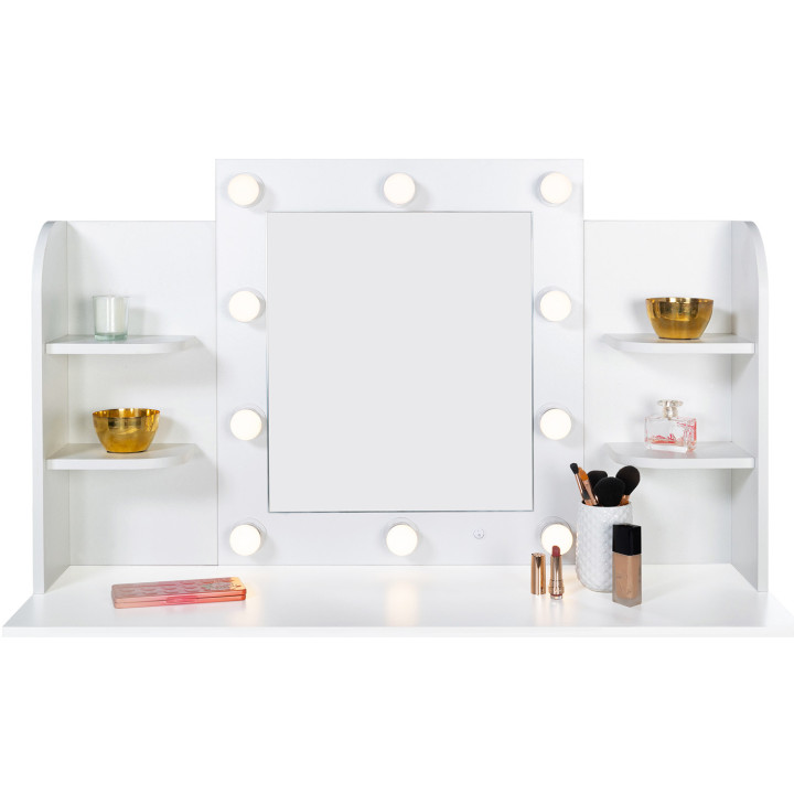 Coiffeuse ZELIA blanche table de maquillage 4 étagères, miroir LED et tabouret