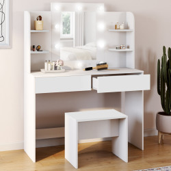 Coiffeuse ZELIA blanche table de maquillage 4 étagères, miroir LED et tabouret