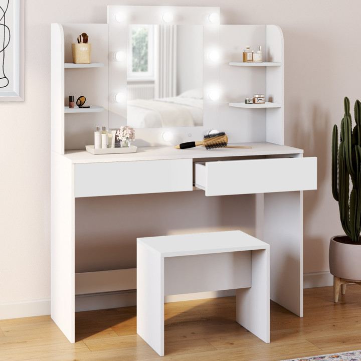 Coiffeuse ZELIA blanche table de maquillage 4 étagères, miroir LED et tabouret