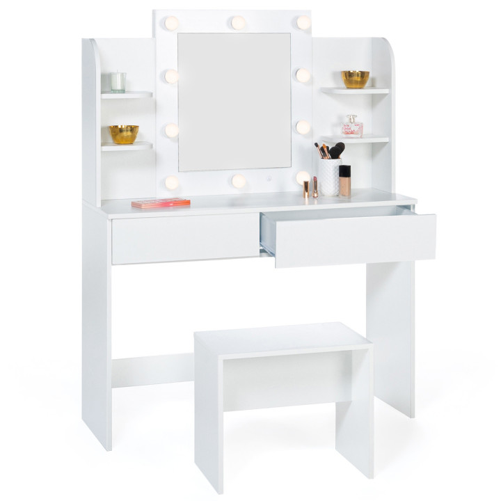 Coiffeuse ZELIA blanche table de maquillage 4 étagères, miroir LED et tabouret