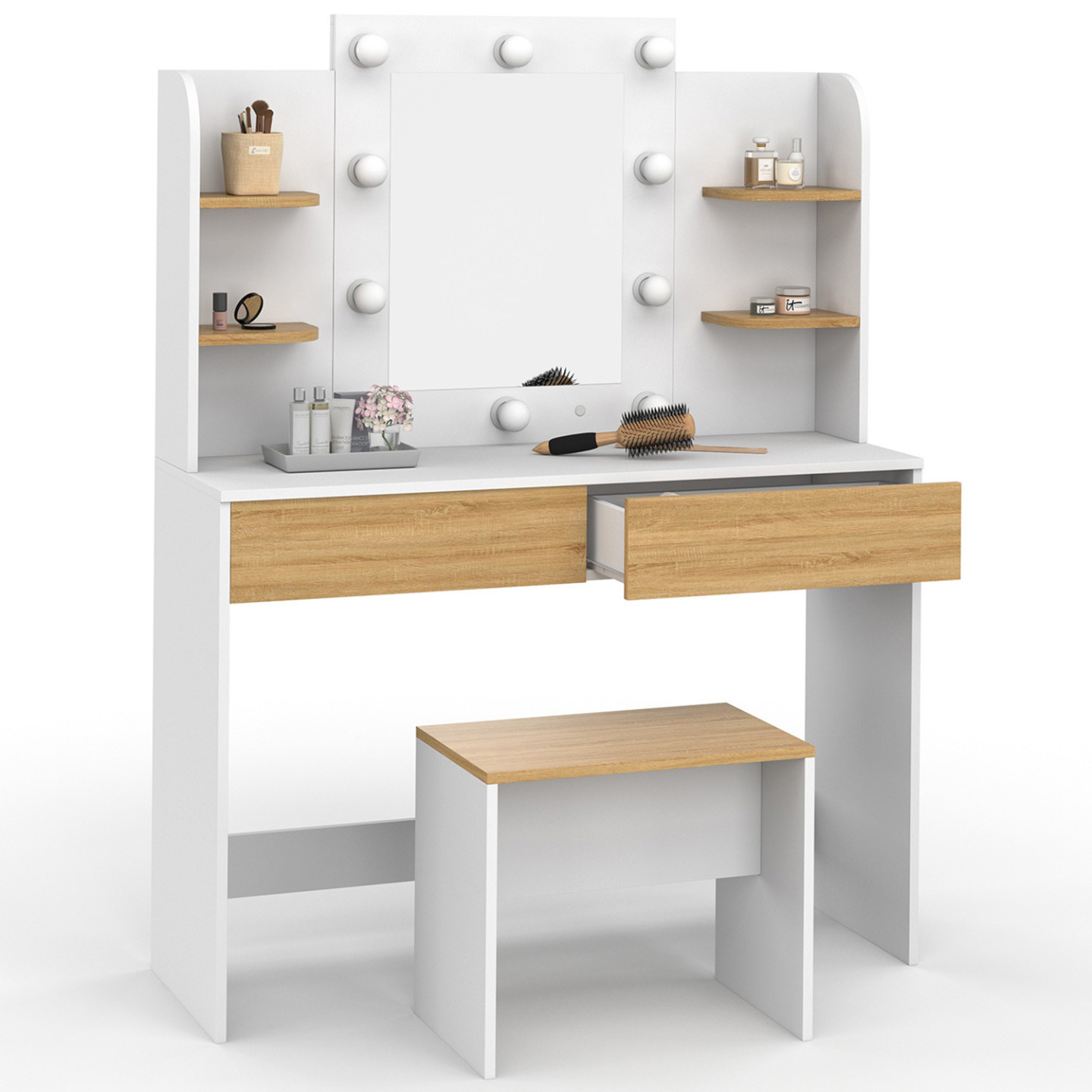 Coiffeuse Avec Miroir LED Et Tabouret - Blanc 60x40 Cm - Miroir 126 Cm, Tiroir, étagères - Éclairage Tactile 3 Couleurs - 5