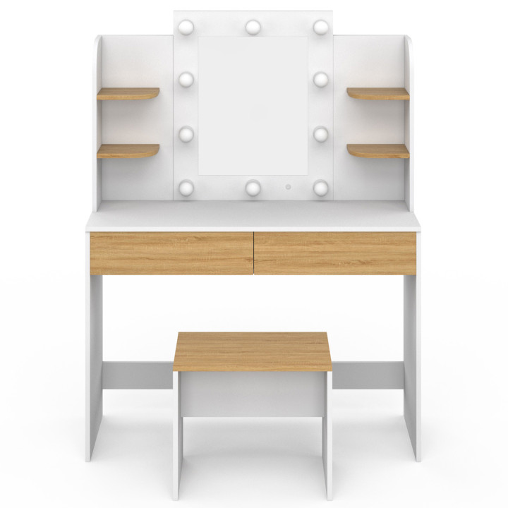 Frisierkommode aus Holz und Weiß mit 4 Regalen, LED-Spiegel und Hocker - ZELIA | ID Market