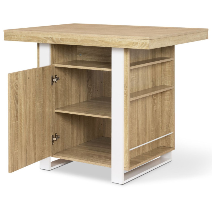 Ilot central PHOENIX 110 cm bois et blanc avec rangements