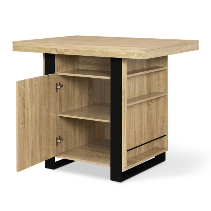 Ilot central PHOENIX 110 cm bois et noir avec rangements