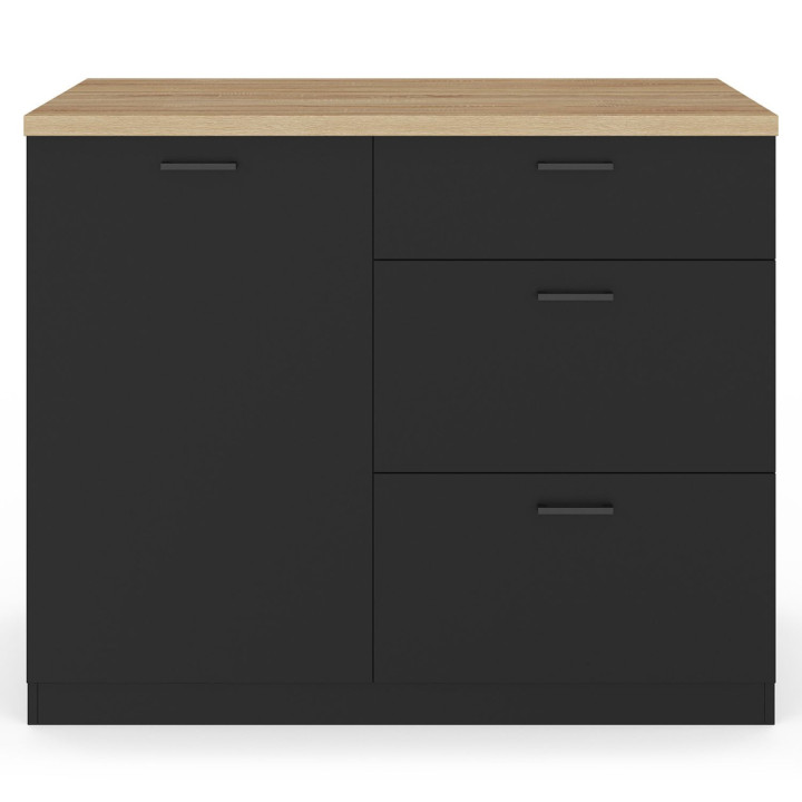 Ilot central TIBO 110 cm casserolier 3 tiroirs bois noir avec plan de travail façon hêtre