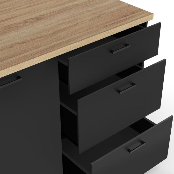Zentralinsel TIBO 110 cm Frontauszug mit 3 Schubladen aus schwarzem Holz mit Arbeitsplatte in Buchenholzoptik