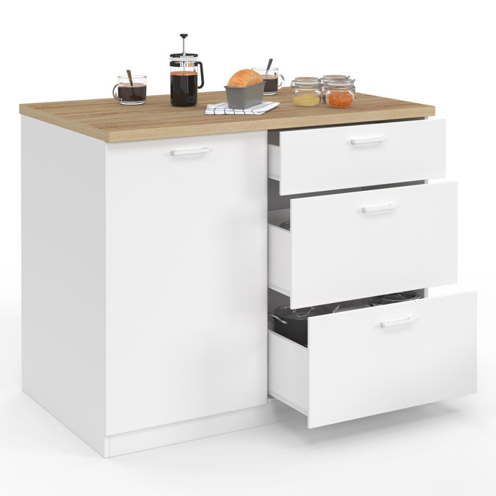 Ilot central TIBO 120 cm casserolier 3 tiroirs bois blanc avec plan de travail façon hêtre