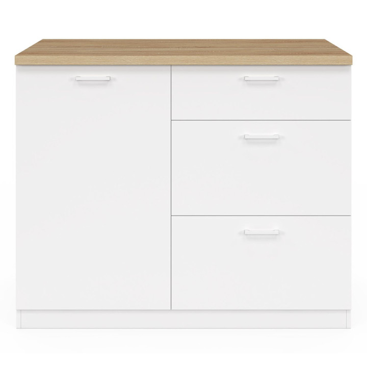 Ilot central TIBO 120 cm casserolier 3 tiroirs bois blanc avec plan de travail façon hêtre